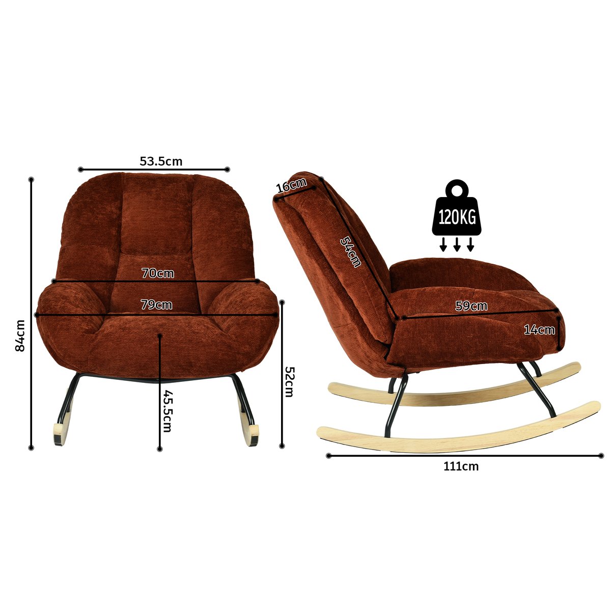 Fauteuil à bascule rocking chair en tissu chenille style scandinave, LITHOPS rouge, MEUBLES COSY