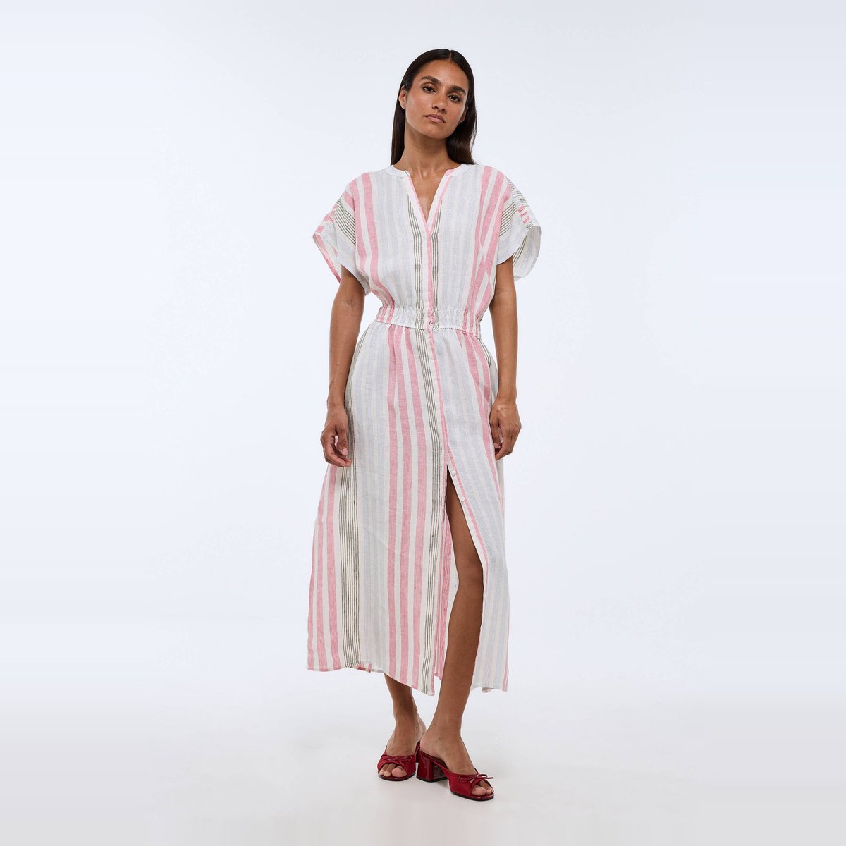 Robe midi imprimée en lin azalee, MONOPRIX