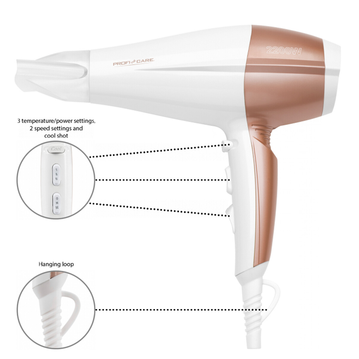 Secador de cabelo profissional 2200 W, branco, da Proficare branco, PROFICARE