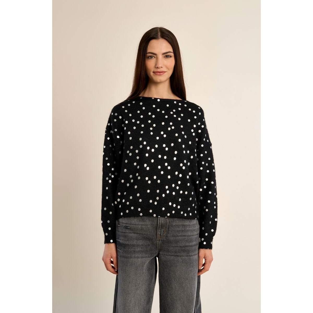 Pull col bateau, motif pois black / silver, MOLLY BRACKEN