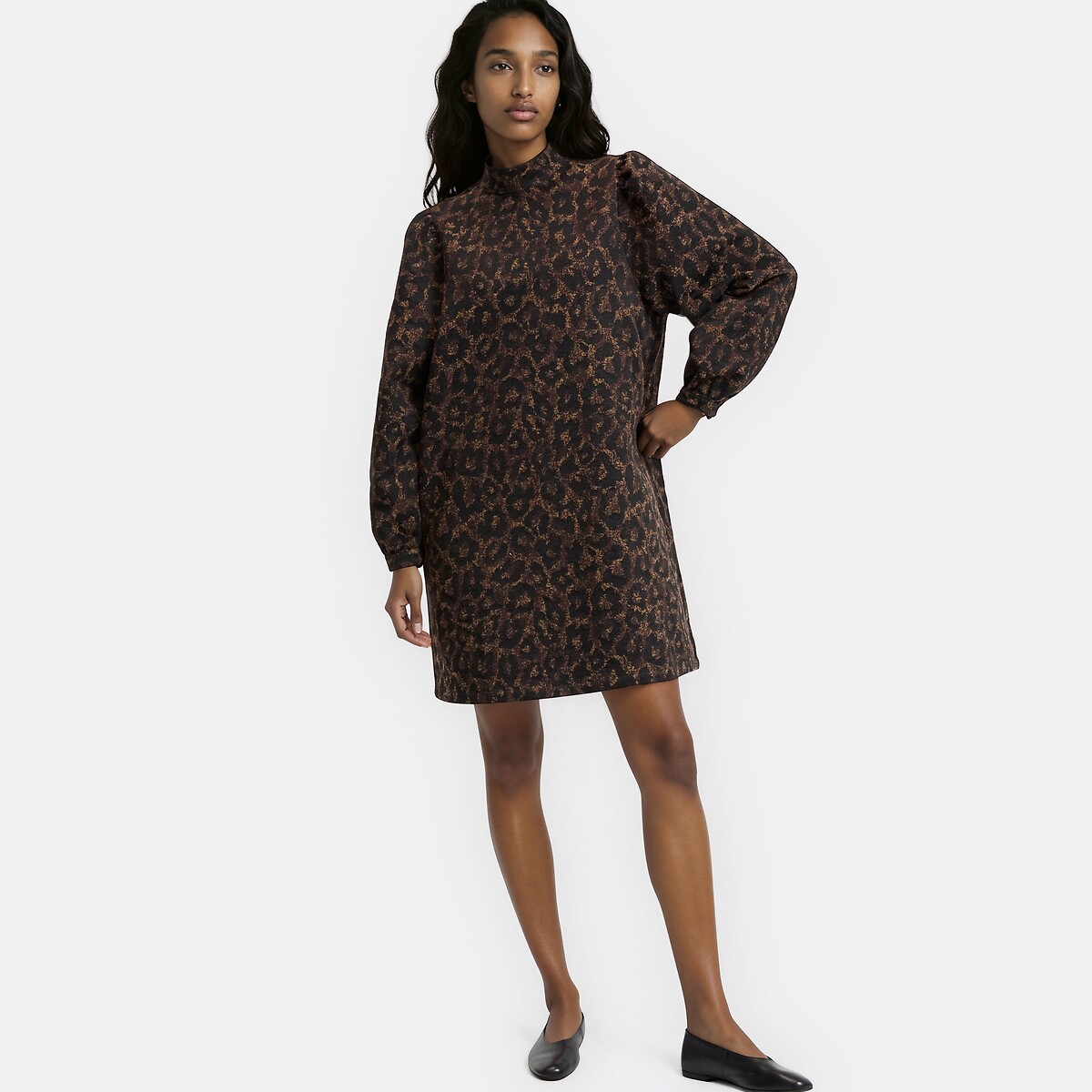 Leopard Print Jacquard Puff Sleeve Mini Dress leopard print, LA REDOUTE COLLECTIONS