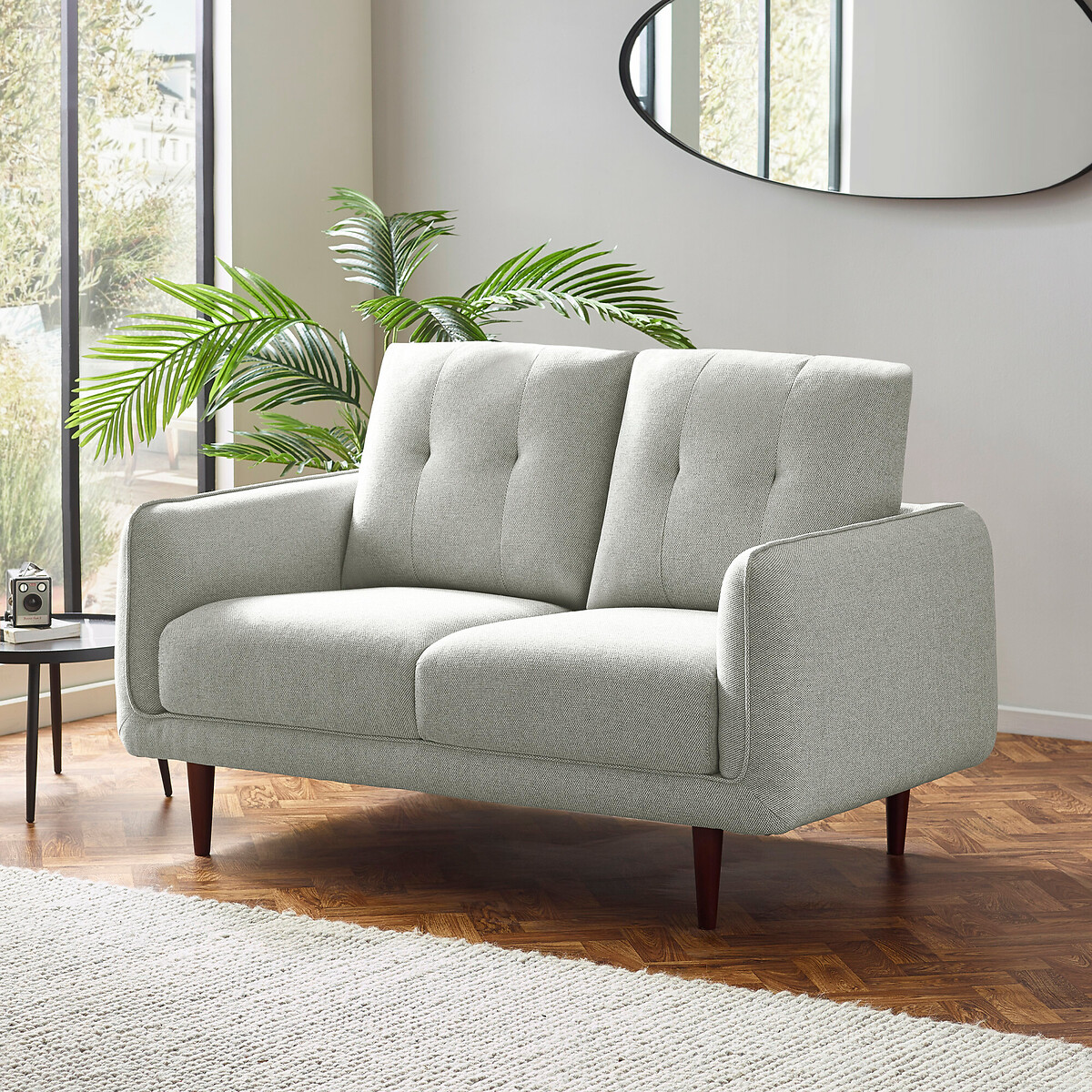 Rene Buttoned Soft Woven 2 Seater Sofa with Walnut Legs light grey, SO'HOME