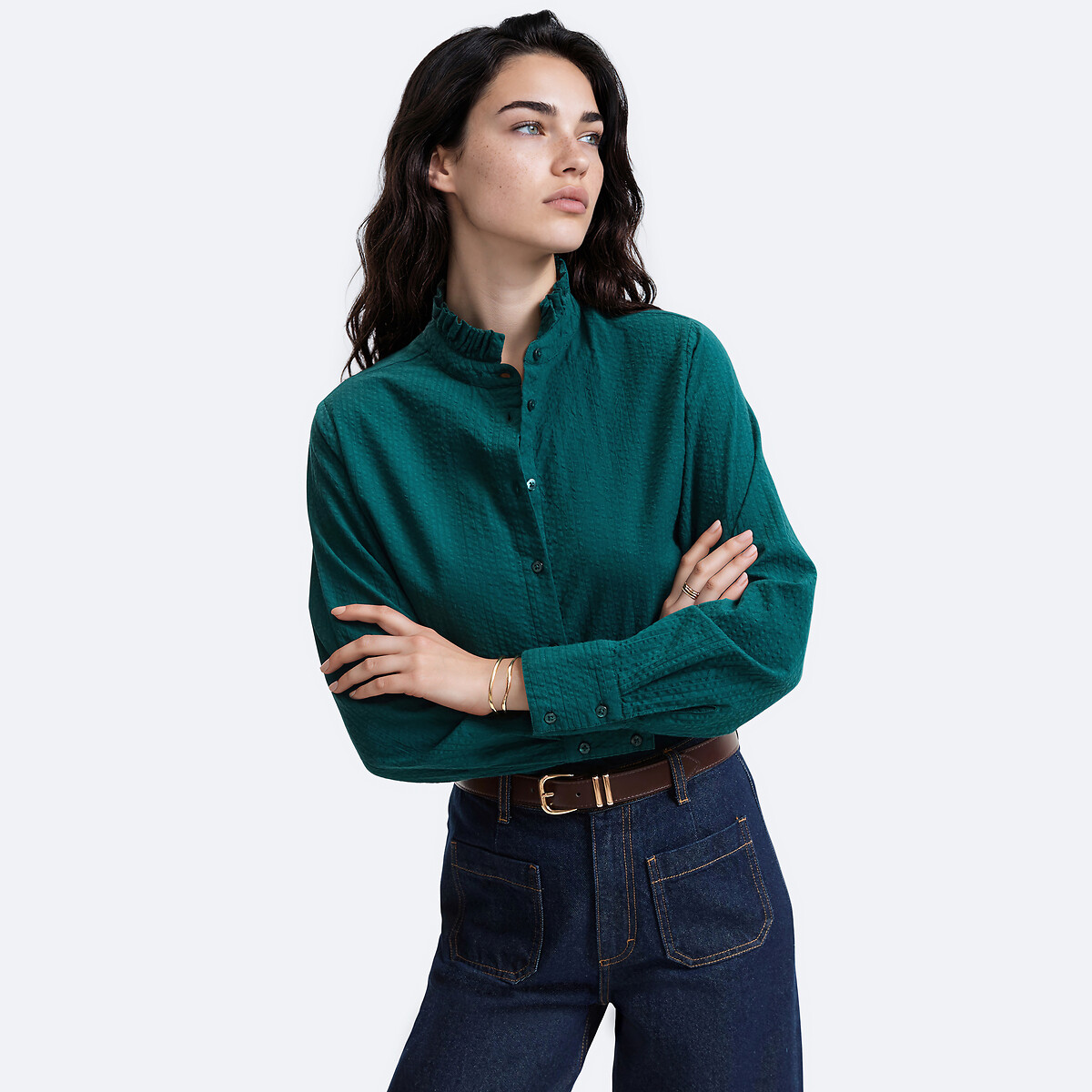 Chemise à col volanté manches longues en coton seersucker vert foncé, LA REDOUTE COLLECTIONS