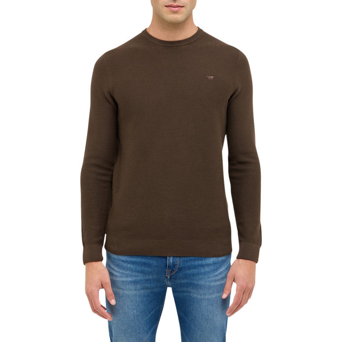 Pull en coton kaki uni avec une coupe droite et un col rond chocolat, MUSTANG