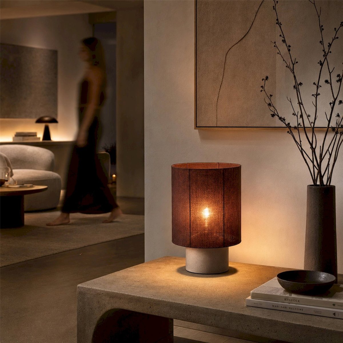 Lampe de table en ciment marron et ciment naturel, RECOLLECTION