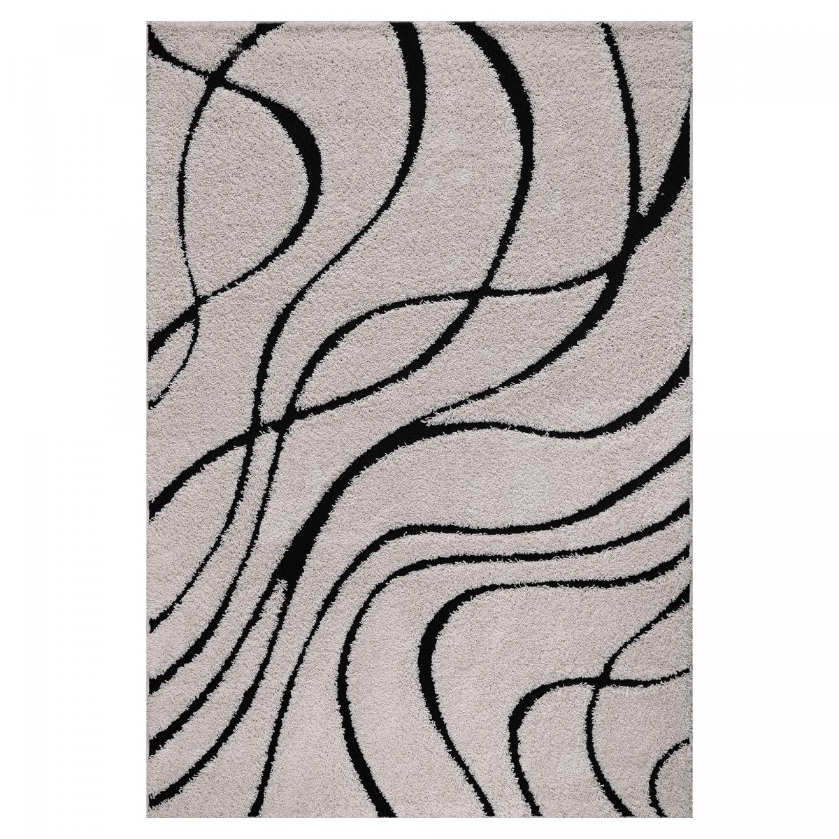 Tapis rond shaggy tissé motif géométrique POUDA crème, noir, UN AMOUR DE TAPIS