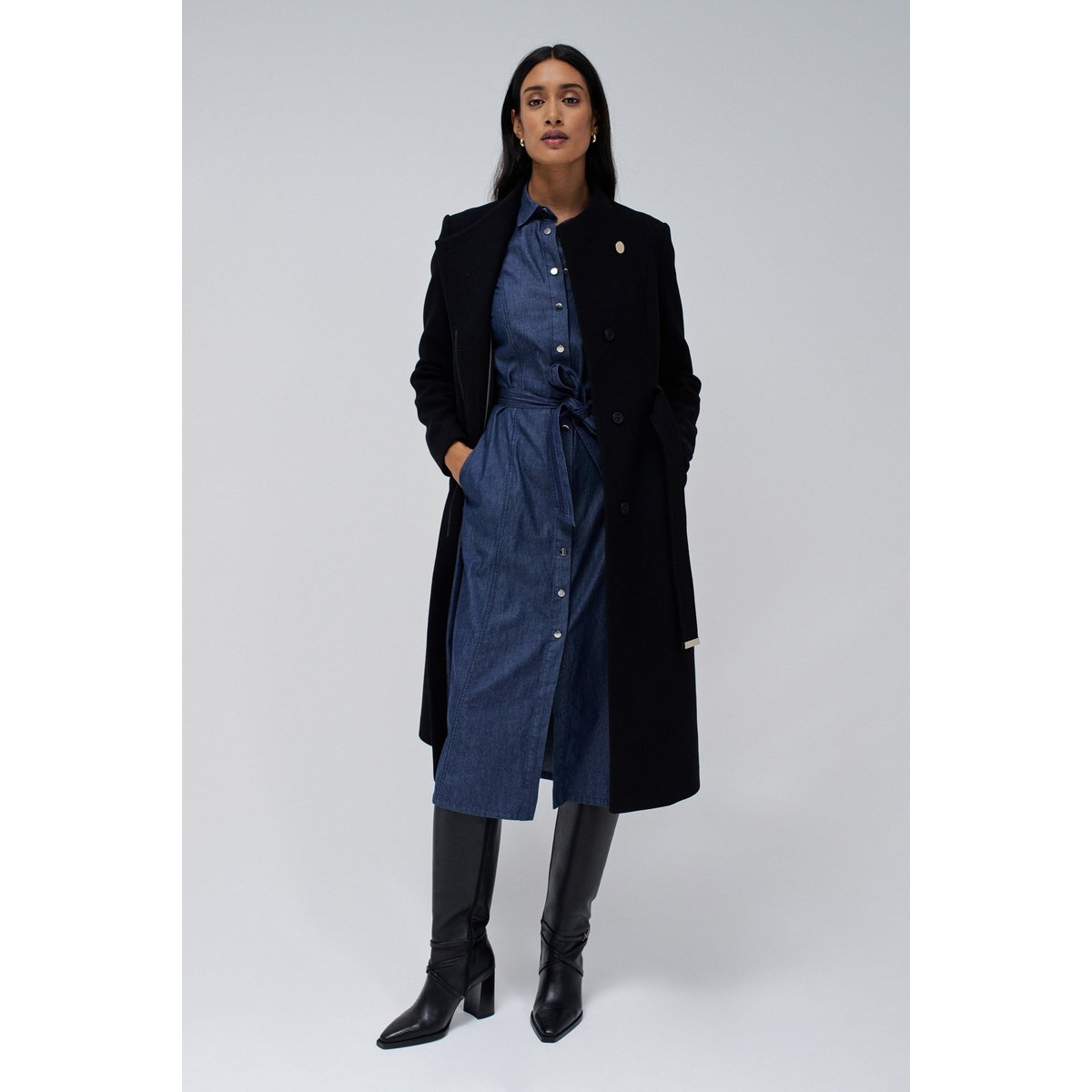 VESTE LONGUE EN LAINE GRACE AVEC CEINTURE noir, SALSA JEANS
