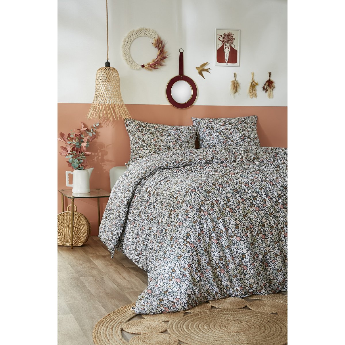 Housse de couette + taie Malia en fleurs blanc, EDEN