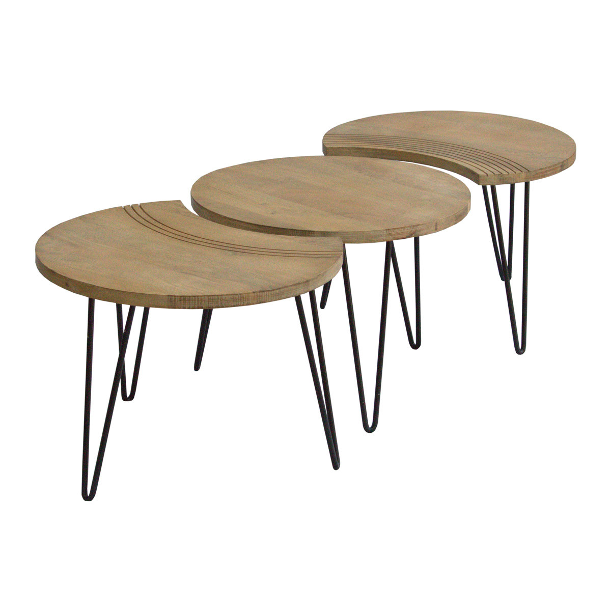Tables basses gigognes gravées bois manguier massif et métal noir (lot de 3) VIBES naturel, MILIBOO