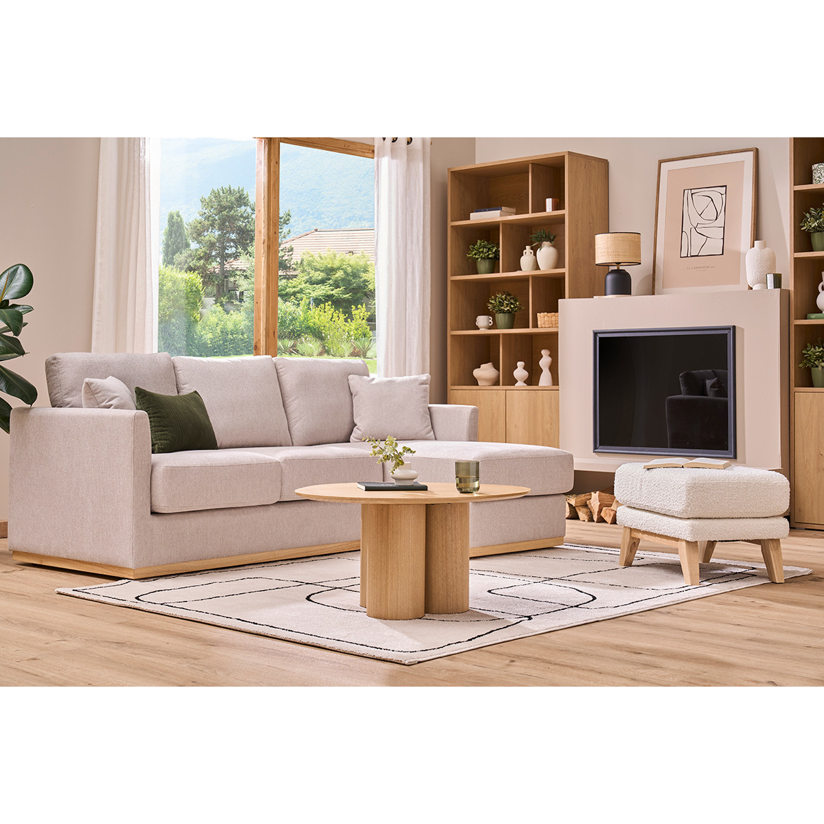 Canapé d'angle droit en tissu effet velours texturé beige 3 places MOSS beige, MILIBOO