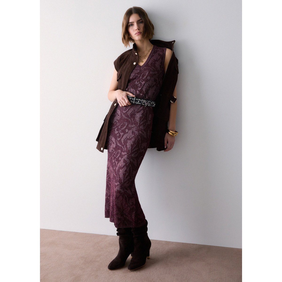 Jupe Midi en Dentelle Lamé aubergine, LIU JO