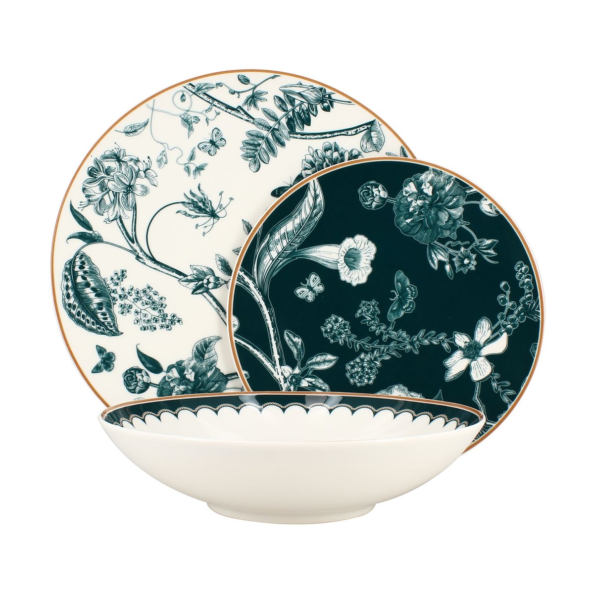 Lot de 6 assiettes à dessert en porcelaine 20cm, BOTANIC blanc-vert, NOVASTYL