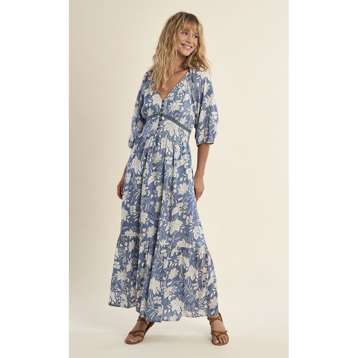 Printed Maxi Dress with Short Sleeves light blue print, MOLLY BRACKEN
