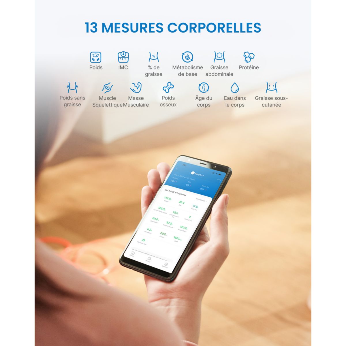 Pèse personne connecté Elis Solar 2 A020 connecté, impédancemètre, 13 mesures corporelles - Recharge solaire couleur unique, RENPHO