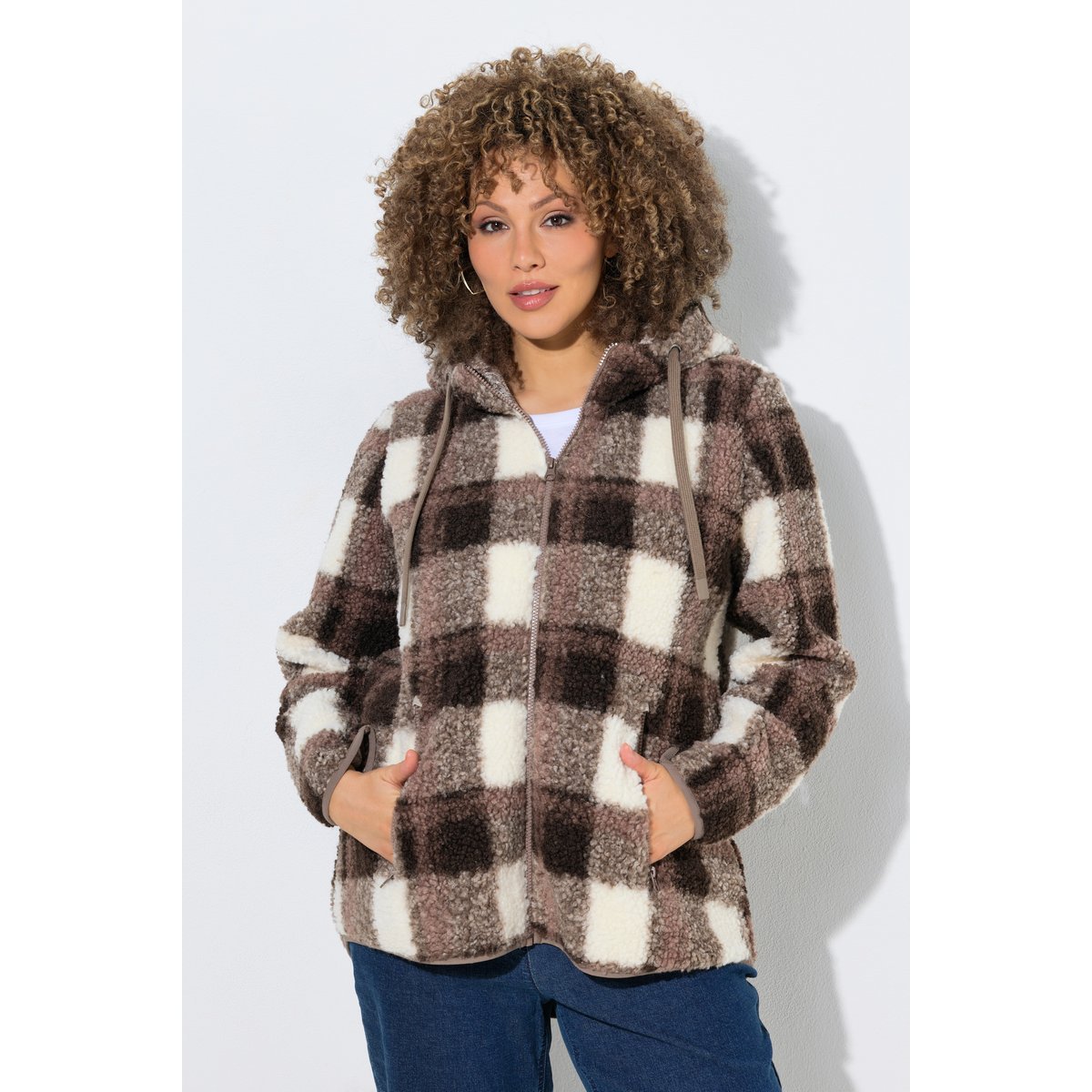 Veste longue en polaire bouclée taupe foncé, ULLA POPKEN