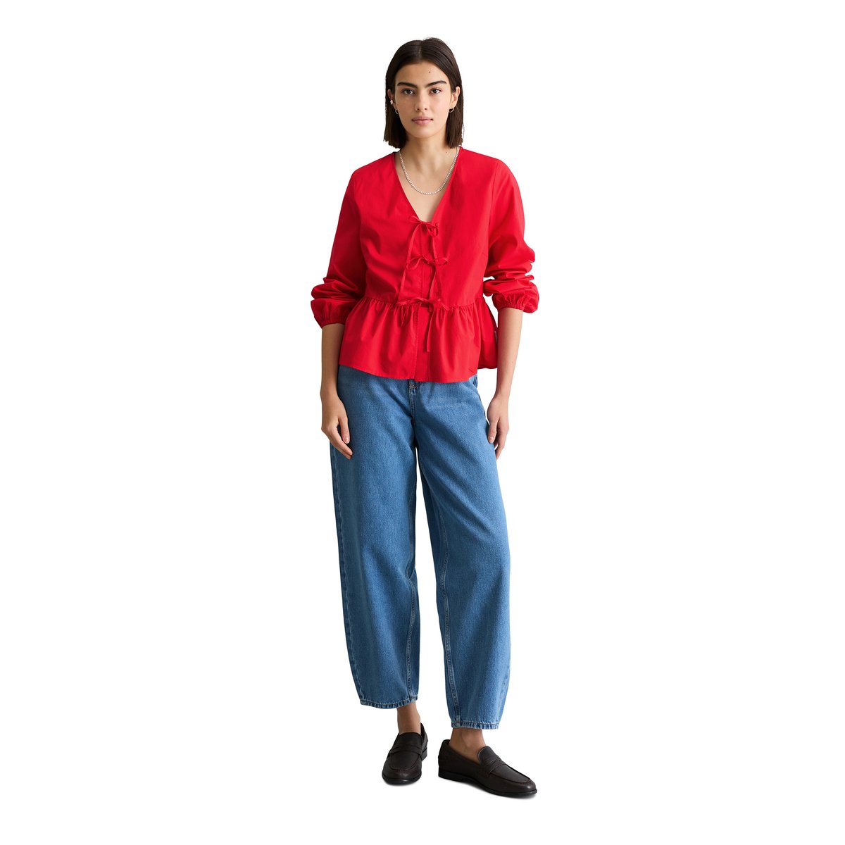 Blouse à nœuds relaxed en pur coton bio rouge clair, MARC O’POLO DENIM