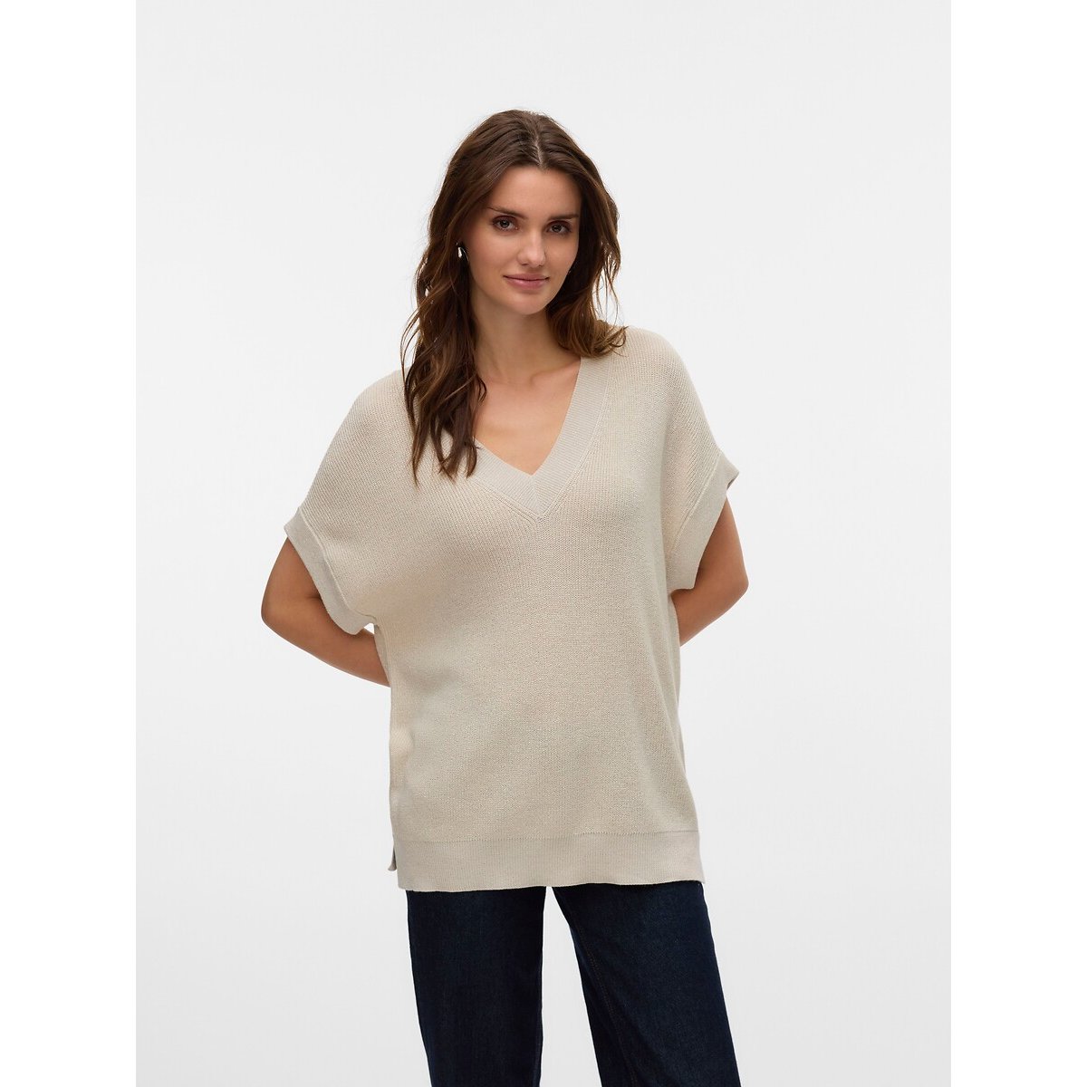 Short Sleeve V-Neck Jumper ecru , VERO MODA