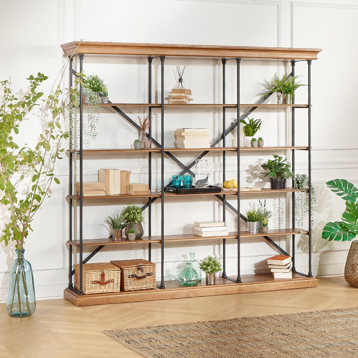 Etagère style moderne en bois et métal, 4 tablettes DANTE marron, ROBIN DES BOIS