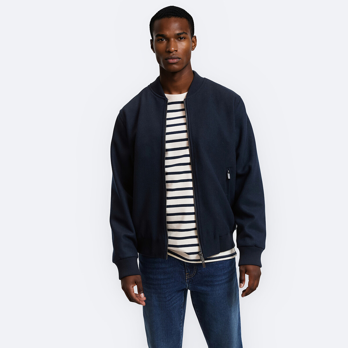 Blouson bomber en drap de laine bleu marine, LA REDOUTE COLLECTIONS