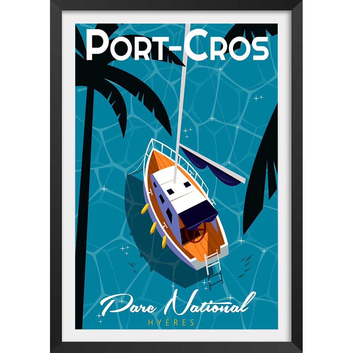 Poster de port cros affiche + cadre en bois - noir, HEXOA