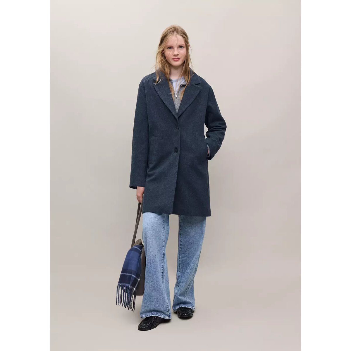 Manteau coupe midi drap de laine bleu marine foncé, MANGO TEEN