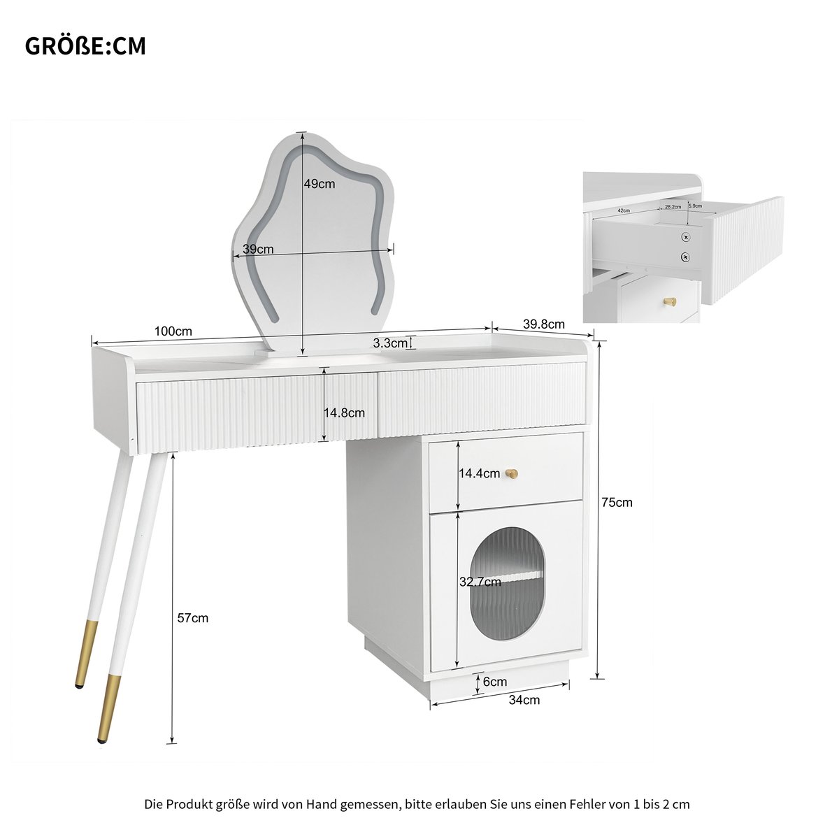 Coiffeuse table de maquillage avec 3 tiroirs et 1 porte, ULTRAF blanc, MEUBLES COSY