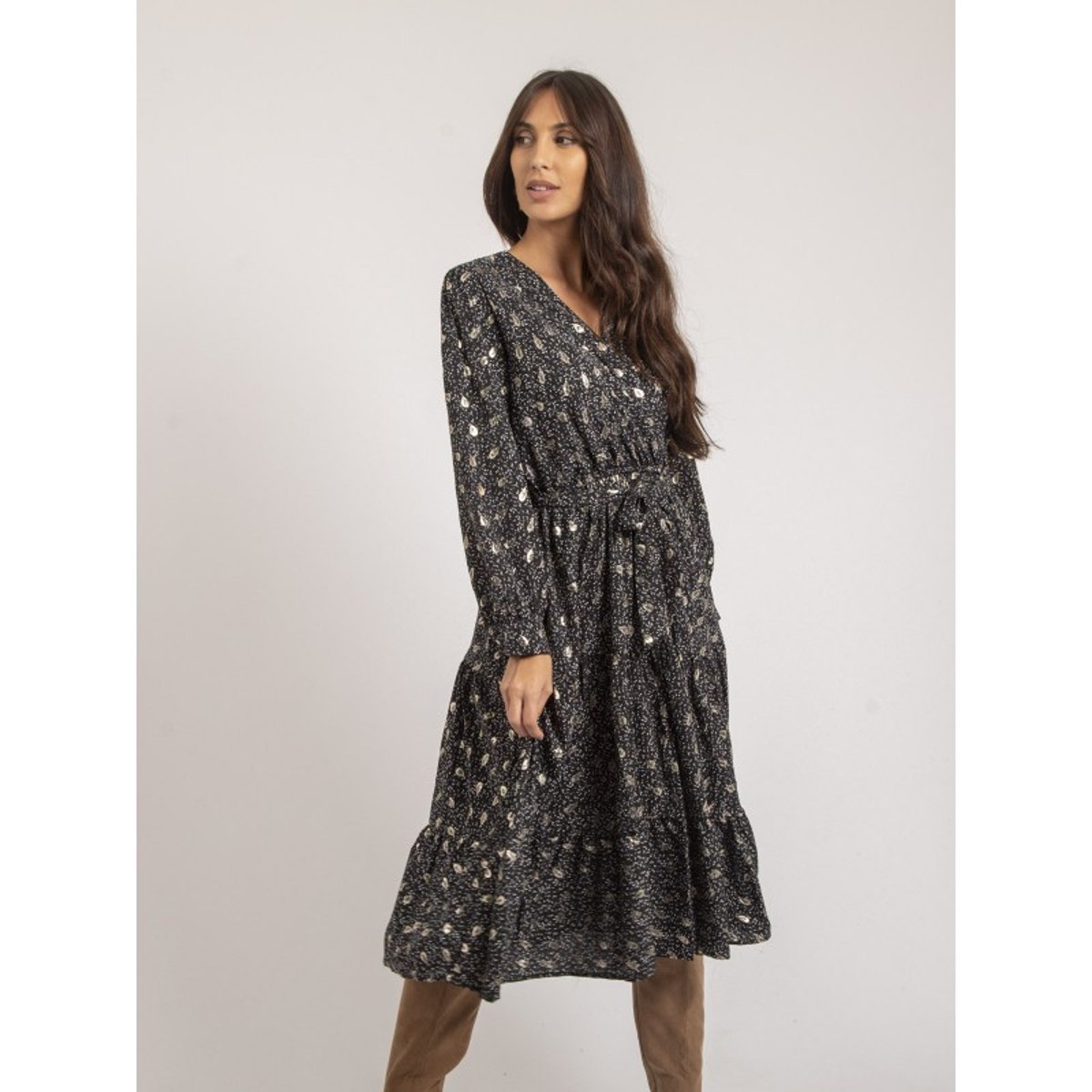 Robe Mi-longue Motifs Ivelia noir, DONA LISA