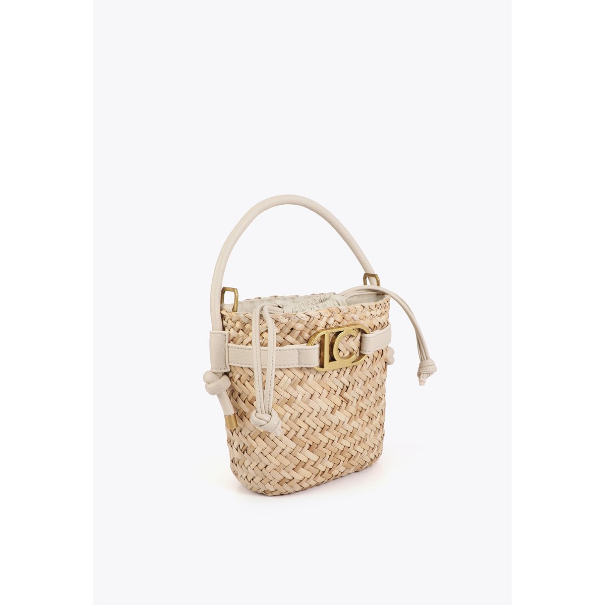 Mini panier tressé avec poignées et détails effet cuir ecru, LOLA CASADEMUNT