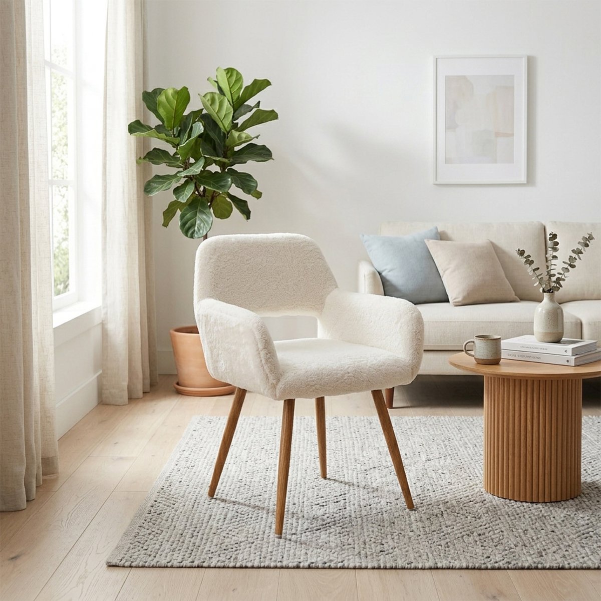 Lot de 2 chaises de salle à manger fauteuil scandinaves en tissu effet poil de lapin, CROMWELL PELUCHE blanc, MEUBLES COSY