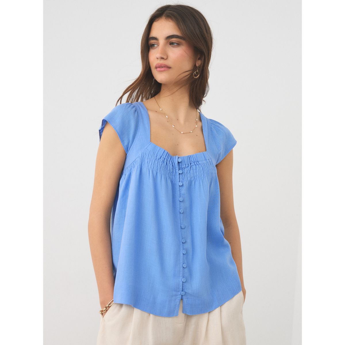 Haut à manches évasées avec lin, lot de 2 lot de deux à motif floral bleu pastel/écru, NEXT
