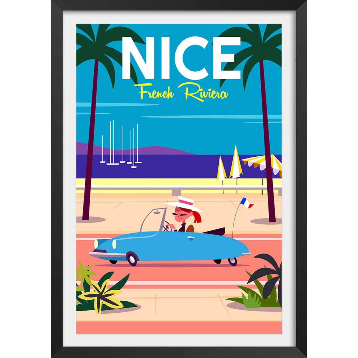 Poster nice promenade des anglais affiche + cadre en bois - noir, HEXOA