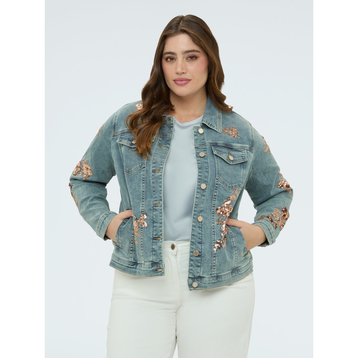 Veste avec broderies florales en paillettes light - blue, FIORELLA RUBINO