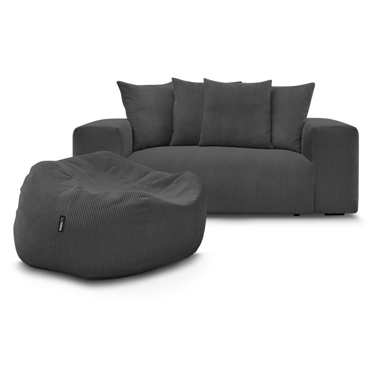 Canapé droit fixe 2 places en velours côtelé avec pouf, VOLTAIRE gris foncé, BOBOCHIC