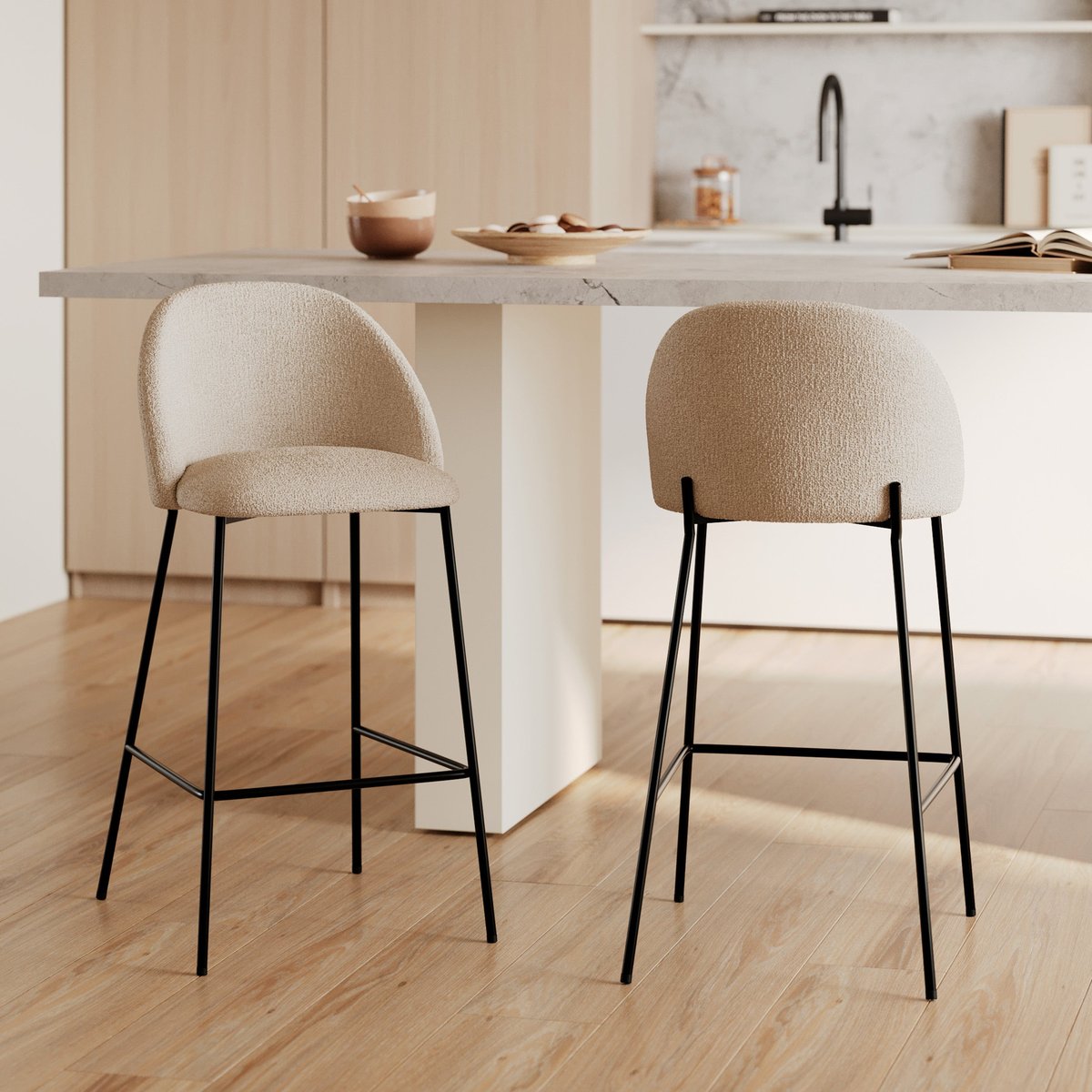 Lot de 2 chaises pour îlot central en tissu bouclé crème 66 cm - KARL crème, MAISON PAVANE