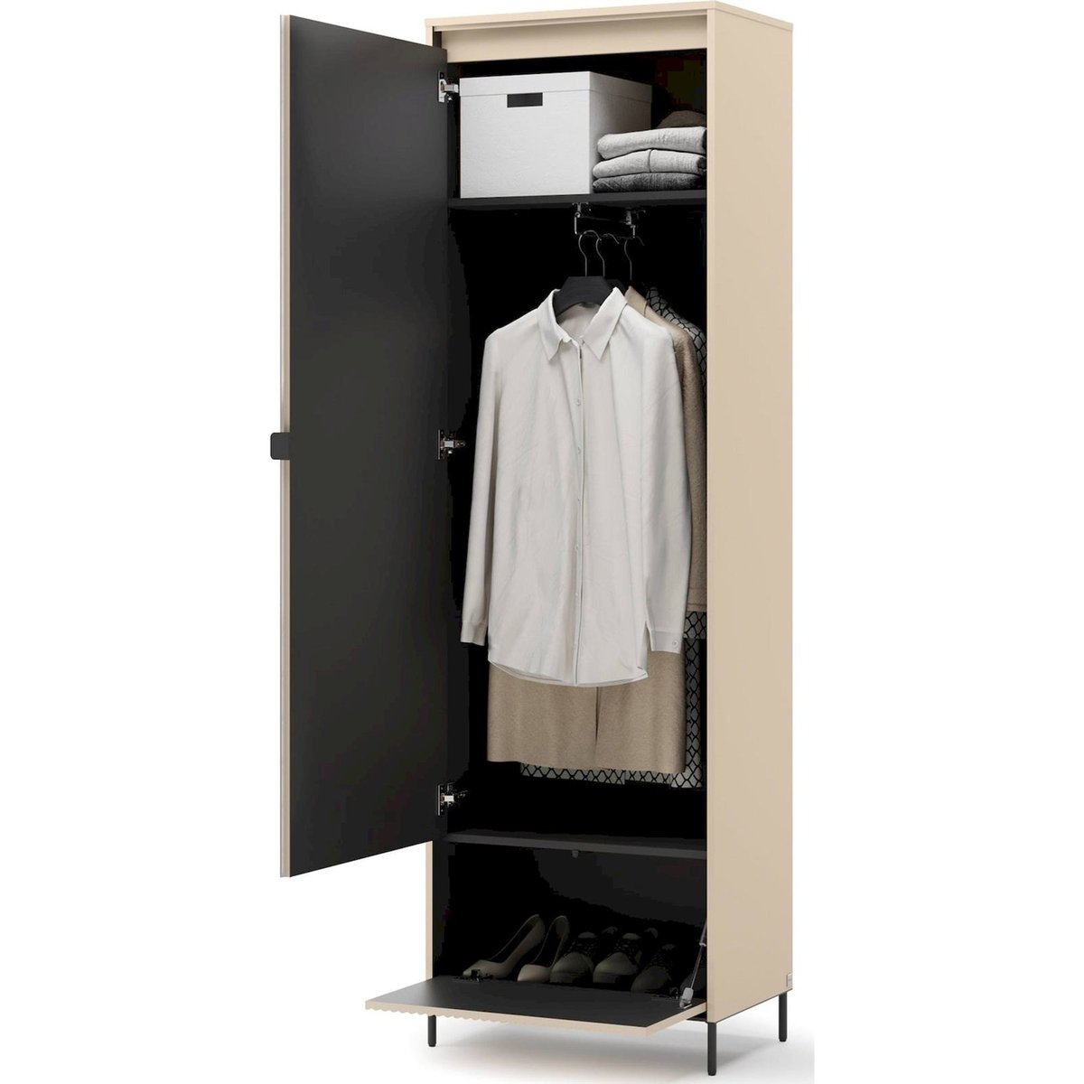 Armoire 1 porte avec miroir et LED, Collection TRE beige sable et noir, RECOLLECTION