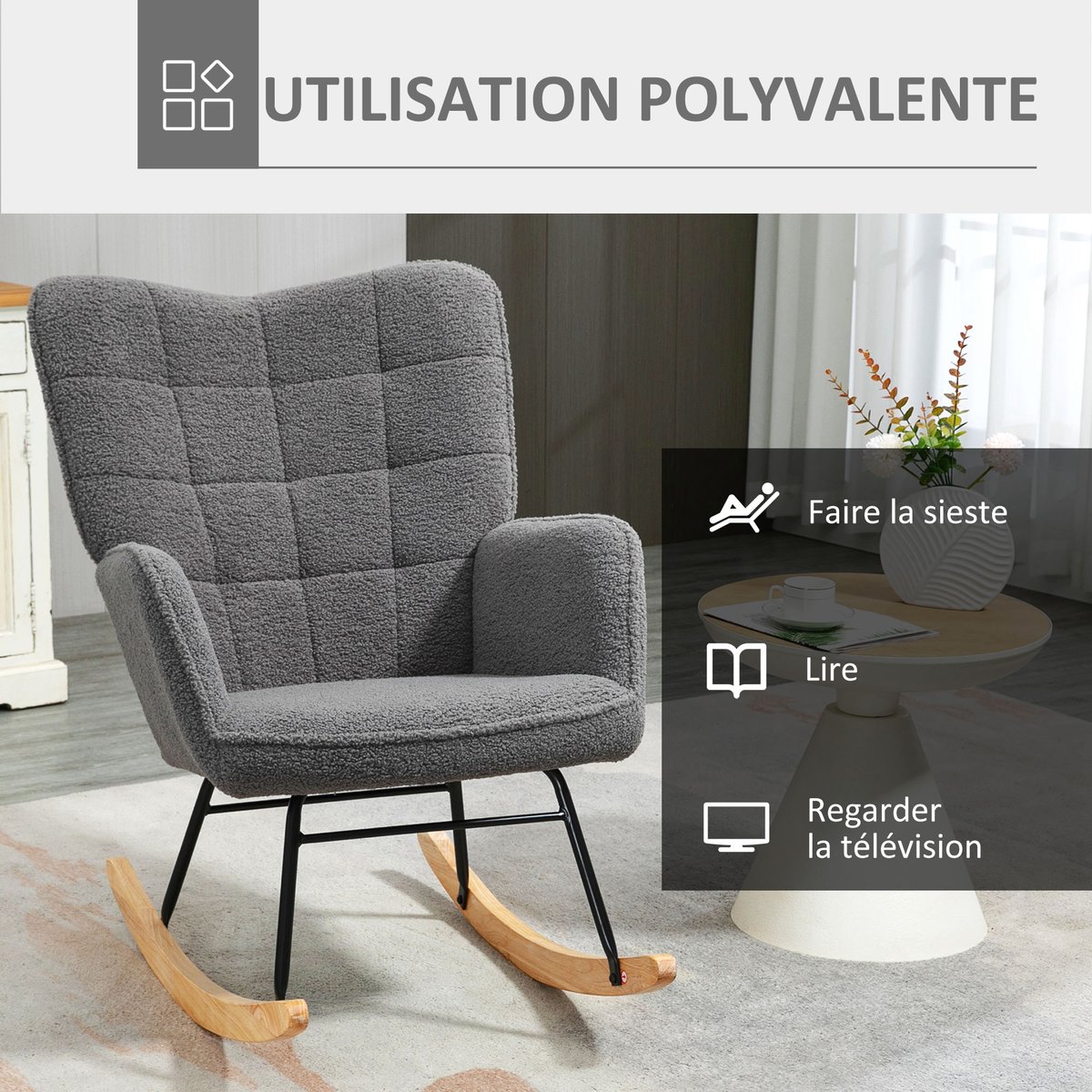Fauteuil à bascule Revêtement bouclette Gris gris foncé, HOMCOM