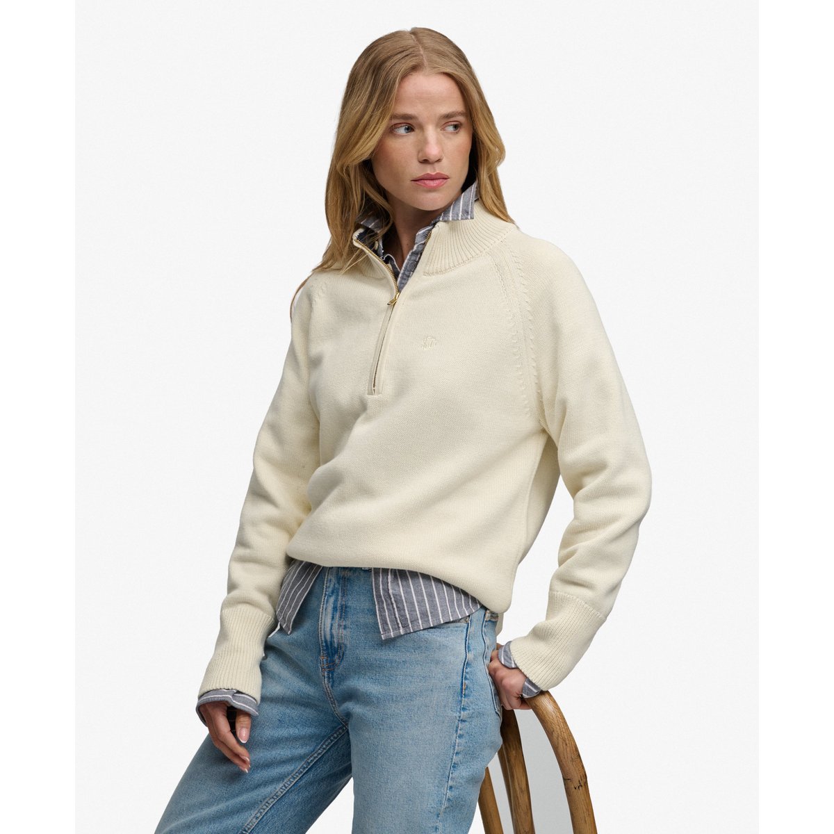 Pull Classic Cotton Knit Half Zip Coupe Décontractée écru, SUPERDRY