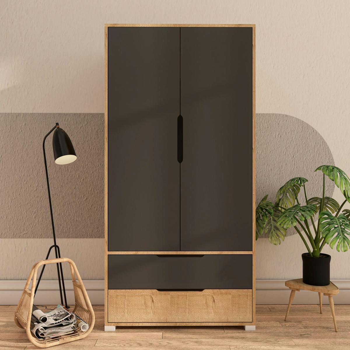 Penderie 2 portes - 2 tiroirs BYRON anthracite, PIER IMPORT