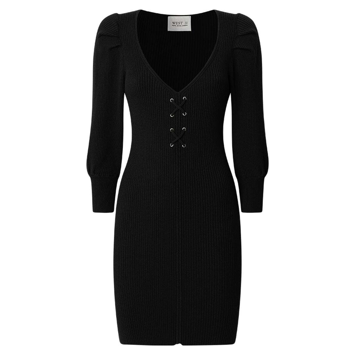 Robe Courte Côtelée À Col En V noir, PEPE JEANS
