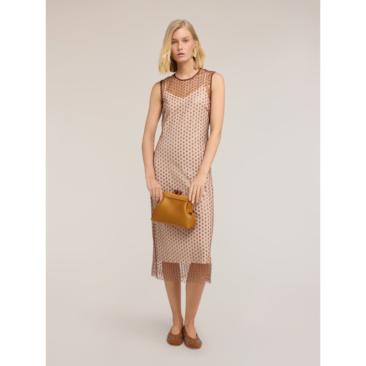 Robe fourreau brodée beige, MOTIVI