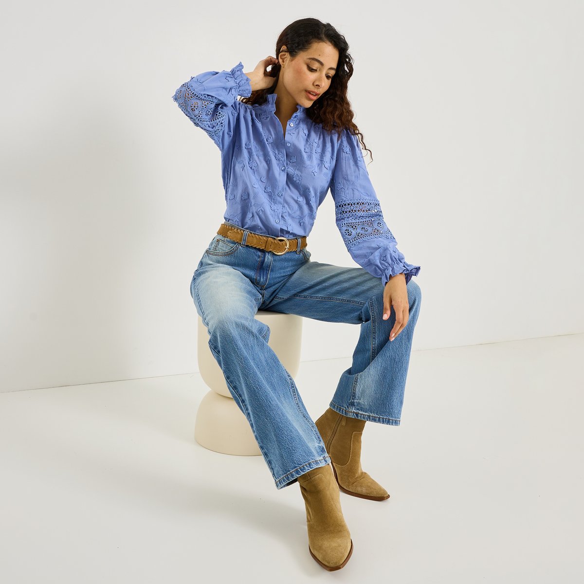 Chemise brodée détails ajourés bleu, GRAIN DE MALICE
