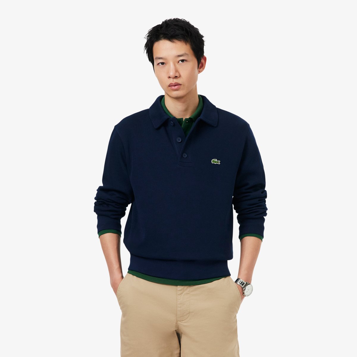 Sweatshirt col polo coton côtelé bleu-166, LACOSTE