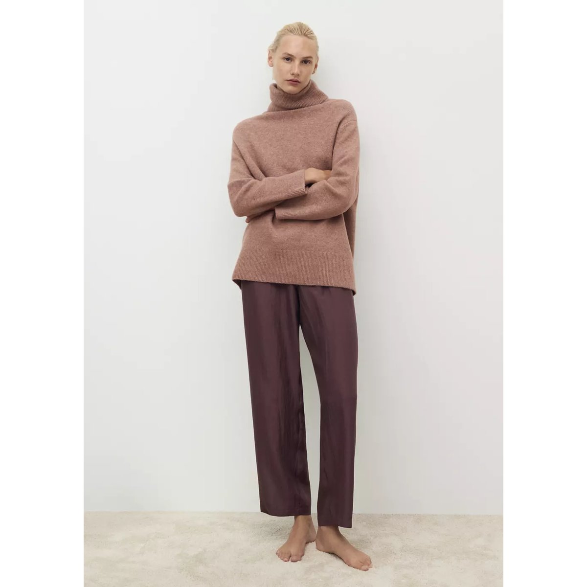 Pull-over maille col montant marron moyen, MANGO