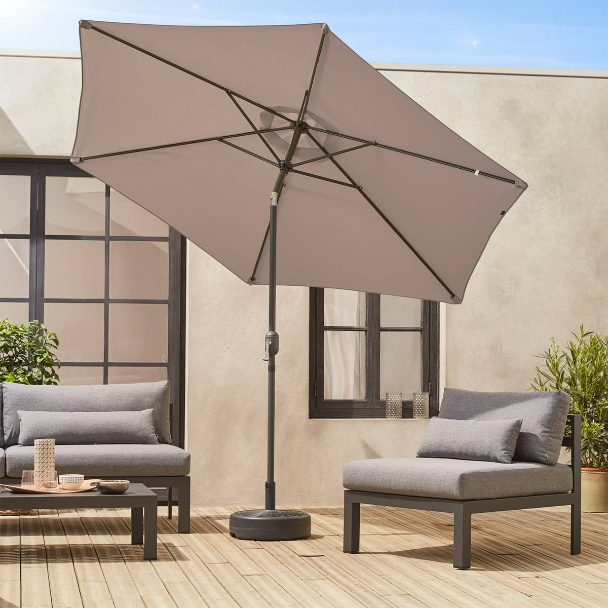 Parasol rond 3m avec mât central TOUQUET taupe, SWEEEK