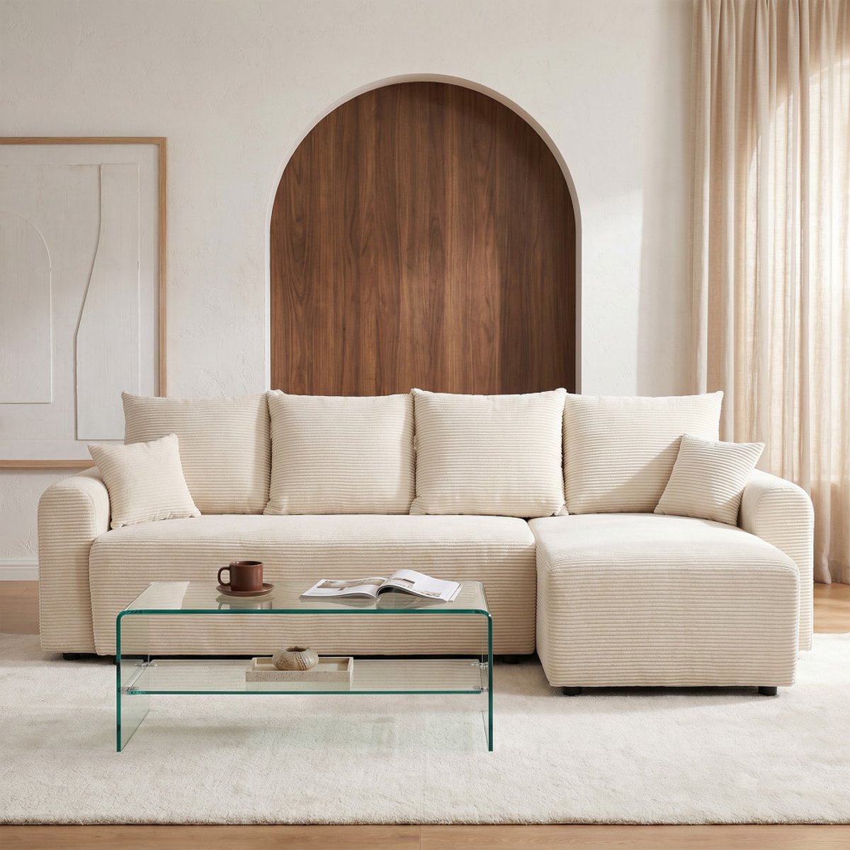 Canapé d'angle convertible réversible 4 places en velours côtelé- POL beige, DRAWER