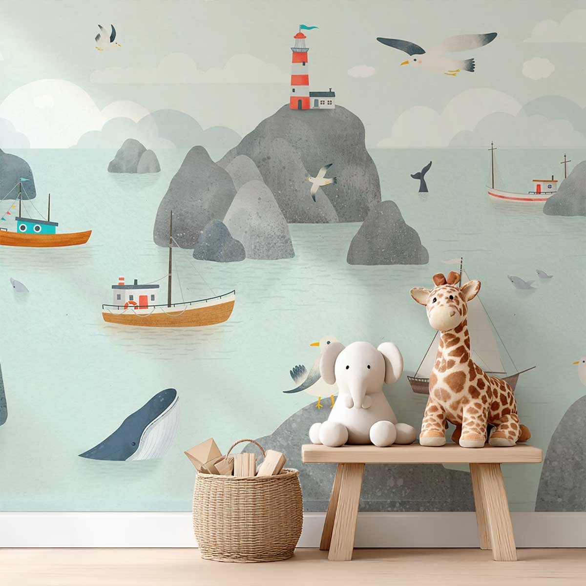 Papier peint baleine chambre enfant bleu, HEXOA