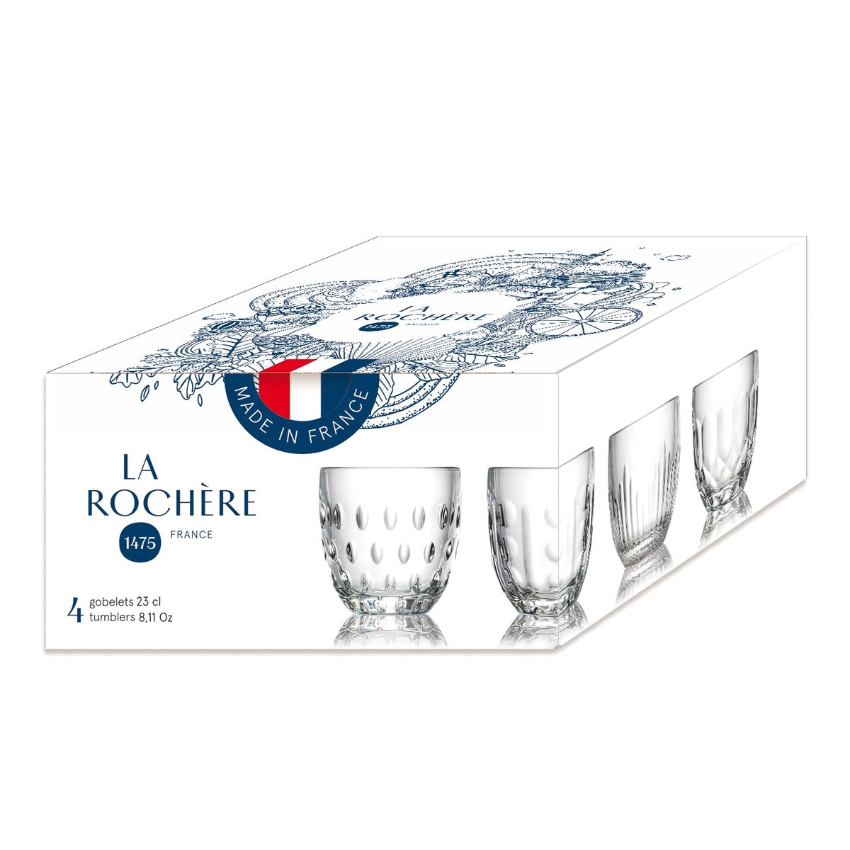 Coffret de 4 verres à eau 4 modèles assortis, TROQUET transparent, LA ROCHERE