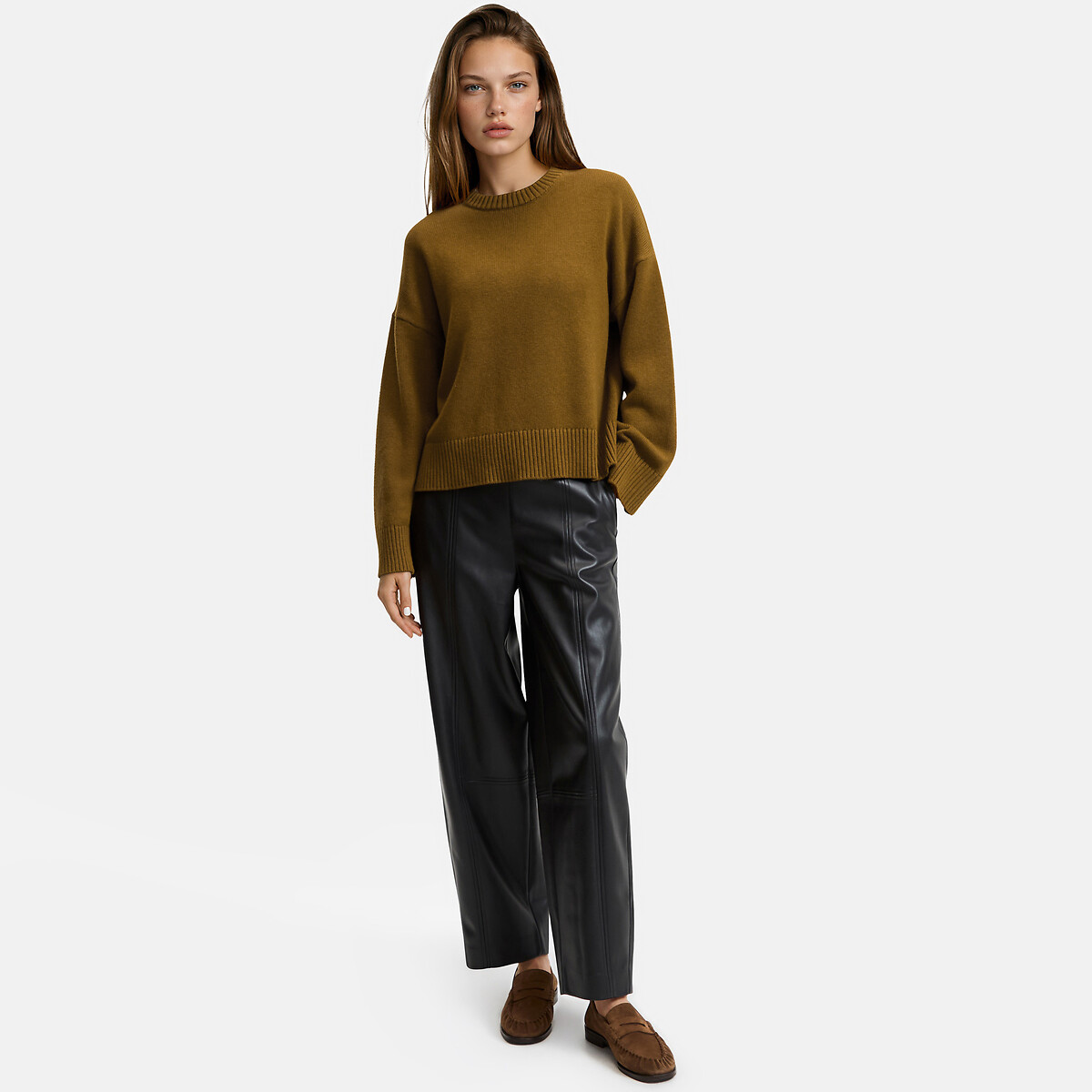 Pantalon barrel large à taille haute, en simili polyester noir, LA REDOUTE COLLECTIONS
