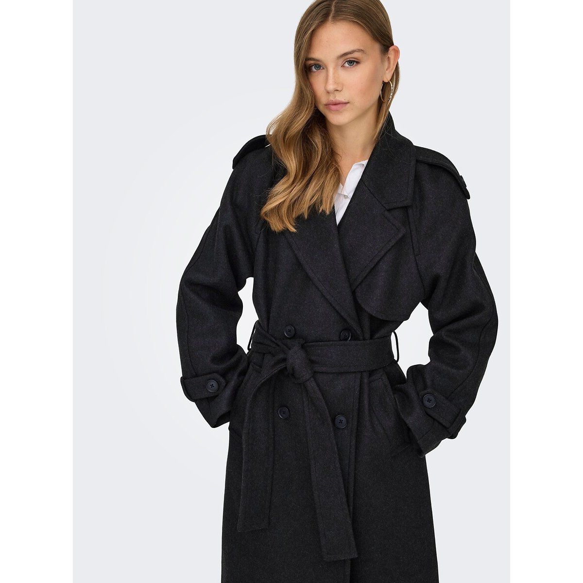 Long Belted Coat dark grey, ONLY