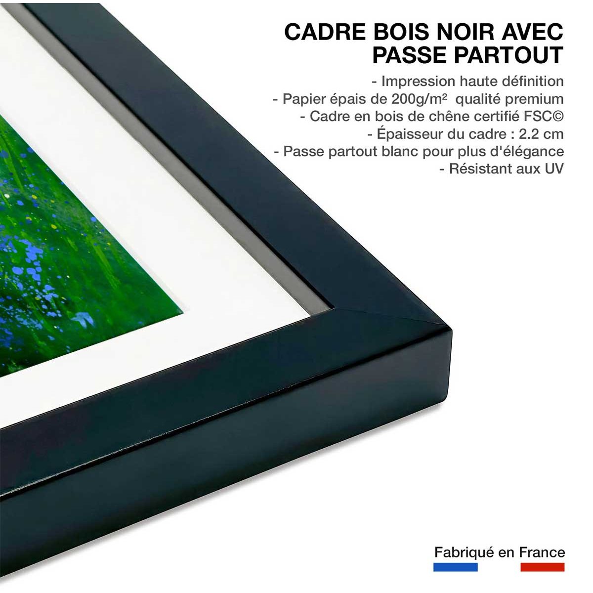 Affiche bouquet de bleues affiche + cadre en bois - noir, HEXOA